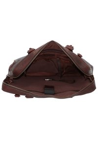 Braune Lederhandtasche, offene Ansicht, mit glatter Textur, Reißverschlussverschluss, Innenfächern und braunem Stofffutter.