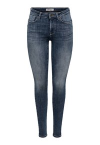 Tamnoplave traperice uskog kroja s izblijedjelom teksturom, pet džepova, zatvaranjem na gumb i petljama za remen. Imaju blagi rastezljivi materijal za udobnost.