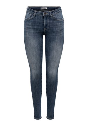 Ciemnoniebieskie obcisłe jeansy z denimu z wyblakłą fakturą, pięcioma kieszeniami, zapięciem na guzik i szlufkami na pasek. Posiadają lekko rozciągliwy materiał dla wygody.