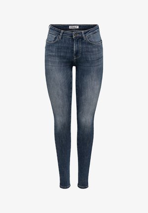 Jeans skinny in denim blu scuro con una texture sbiadita, cinque tasche, chiusura con bottoni e passanti per cintura. Presenta una leggera elasticità per il massimo comfort.