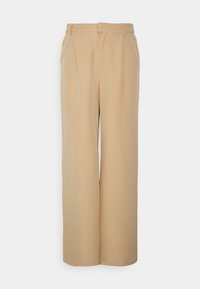 Calças largas bejes feitas de tecido suave, apresentando uma cintura alta e pregas nítidas para estrutura e ajuste. Sem padrões ou acentos visíveis.