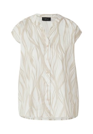 Blusa a maniche corte in tessuto leggero bianco con un motivo a foglie beige. Presenta una chiusura con bottoni frontale e un orlo dritto.