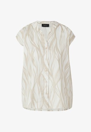 Blouse à manches courtes en tissu léger de couleur blanche avec un motif de feuilles beige. Comprend une fermeture à boutons à l'avant et un ourlet droit.