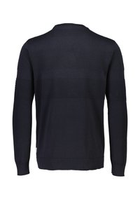 Marineblauer Strickpullover mit Rundhalsausschnitt, der texturierte horizontale Streifen aufweist. Lange Ärmel und gerippte Bündchen sowie Saum. Weicher Griff.