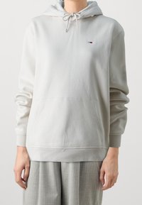 Ljusgrå hoodie i mjukt material, med en framficka, ribbade muddar och en huva med dragsko. Litet logo på bröstet.