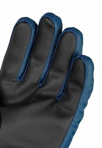 Black leather glove with navy fabric accents. Features four fingers and textured surface for grip. Stitching visible along edges.