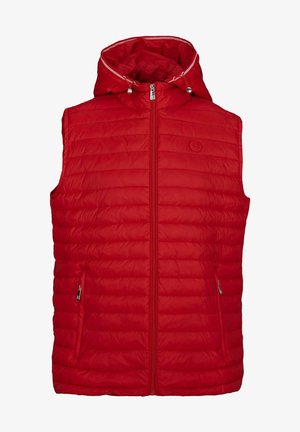 Gilet imbottito rosso con cappuccio, dotato di chiusura a zip frontale, motivo trapuntato, tasche laterali e coulisse regolabili sul cappuccio. Tessuto dalla trama liscia.