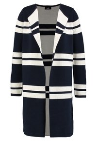 Marinblå och krämfärgad randig kofta i mjukt stickat material, med öppen framsida, långa ärmar och en avspänd passform.