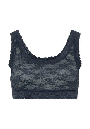 Bralet din dantelă de culoare albastru marin cu un model floral, margini late cu volane și o textură moale. Prezintă un decolteu în formă de cerc și fără padding.