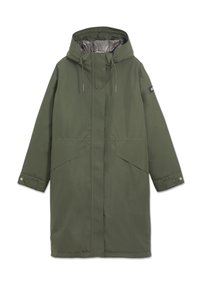 Parka imperméable vert olive avec capuche, cordons élastiques, doublure argentée, grandes poches frontales doubles et poignets à boutons-pression.