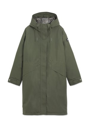 Olive green waterproof parka with a hood, elastic drawstrings, silver lining, dual large front pockets, and snap-button cuffs.