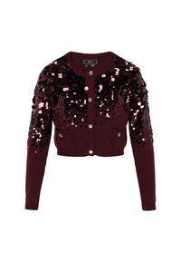 Burgunderfarbener, kurzes Strickjacke mit langen Ärmeln, dekorativen rosa und schwarzen Pailletten auf der Vorderseite und den Ärmeln sowie Perlenknöpfen auf der Vorderseite.