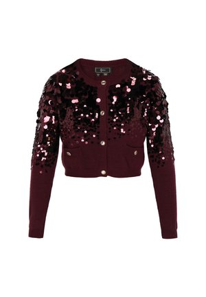 Bordeaux gekort vest met lange mouwen, decoratieve roze en zwarte pailletten aan de bovenkant van de voorkant en op de mouwen, en parelknopen aan de voorkant.