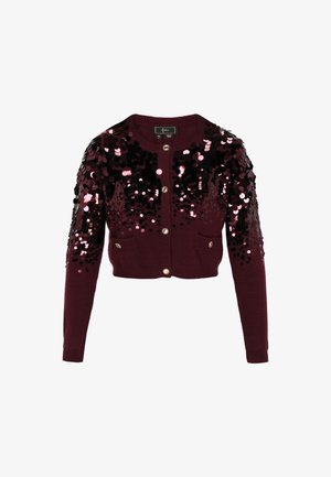 Cardigan court bordeaux à manches longues, ornée de sequins roses et noirs sur le devant supérieur et les manches, et de boutons en perles sur le devant.