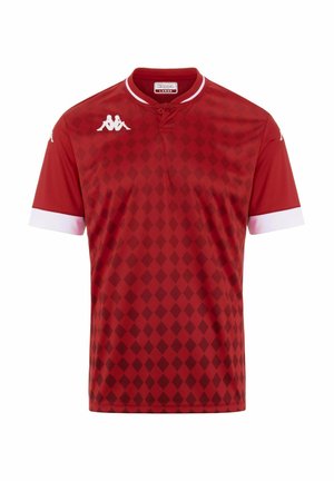 Maglia atletica rossa con motivo a diamante, dettagli bianchi sulle maniche e colletto con bottoni. Realizzata in materiale liscio e leggero.