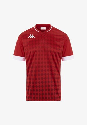 Maillot de sport rouge avec un motif en losanges, accents blancs sur les manches et un col à boutons. Fabriqué en matériau lisse et léger.