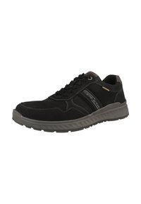 Sneaker nere con tomaia in suede e mesh, dotate di lacci neri, suola in gomma grigia e accenti gialli. Le cuciture a contrasto mettono in risalto il design.