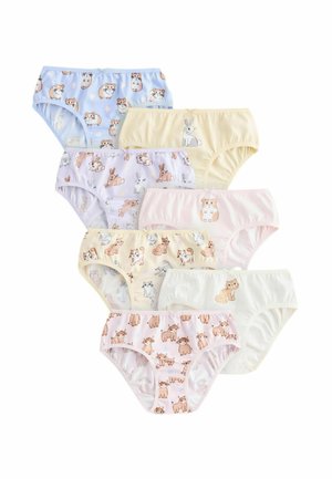 Syv børneundertøj i pastel farver med dyreprint som kaniner, katte, hamstere, ræve og køer, arrangeret i to rækker.