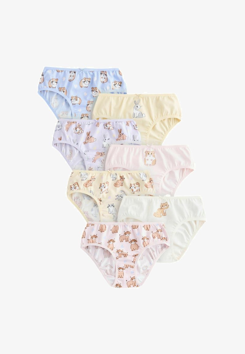 Sept sous-vêtements pour enfants aux couleurs pastel, ornés d'imprimés d'animaux tels que lapins, chats, hamsters, renards et vaches, disposés en deux rangées.