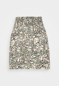 Saia com estampa floral sobre fundo preto, com cintura elástica, flores pastéis vibrantes e textura franzida.