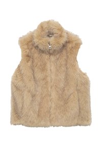 Beige műszőrme mellény magas gallérral, ujjatlan dizájnnal, elöl cipzárral záródik, és texturált, puha felülete van.