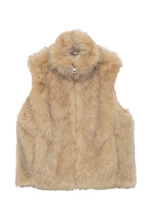 Beige műszőrme mellény magas gallérral, ujjatlan dizájnnal, elöl cipzárral záródik, és texturált, puha felülete van.