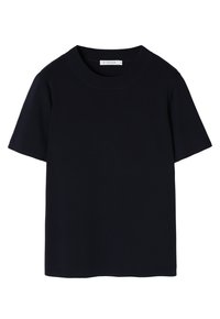 Marineblauwe t-shirt met korte mouwen, gemaakt van zachte stof met een ronde halslijn en een comfortabele pasvorm, voorzien van een label met de merknaam.