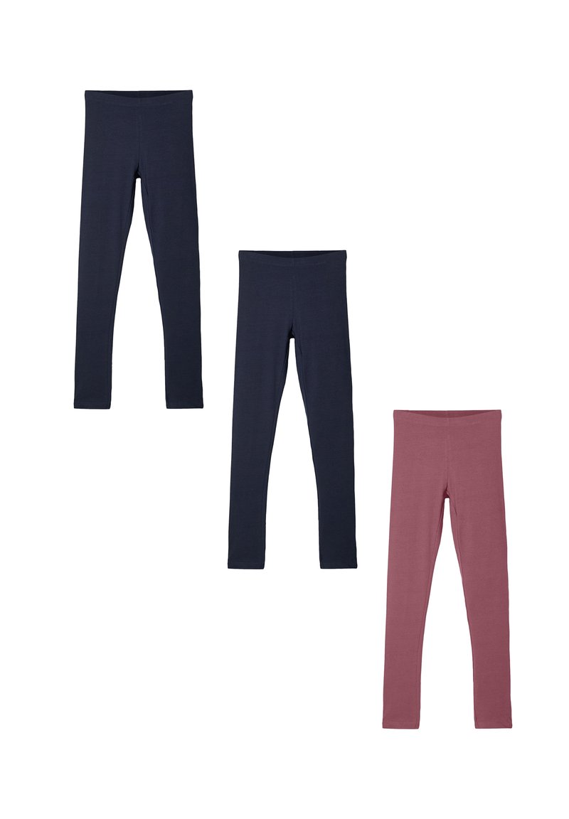 Three pairs of fitted leggings: two in dark navy and one in rose, made from a smooth, stretchy fabric, with a high waistband and no visible seams.