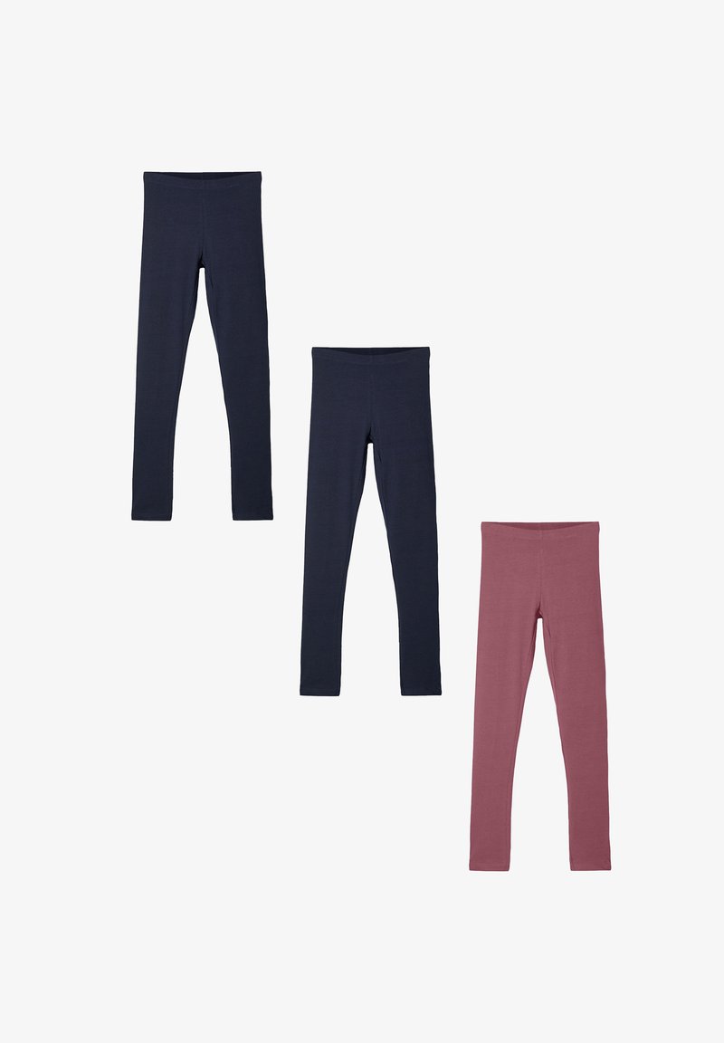 Three pairs of fitted leggings: two in dark navy and one in rose, made from a smooth, stretchy fabric, with a high waistband and no visible seams.