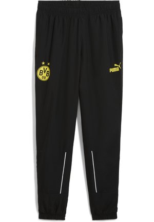 Črne atletske hlače z elastičnim pasom, rumenimi logotipi za BVB in Pumo ter belimi detajli v bližini žepov in manšet.