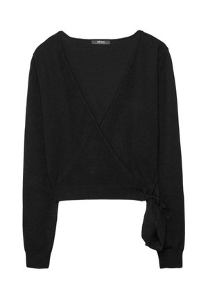 Schwarzer, langärmeliger Wickelpullover mit V-Ausschnitt und seitlicher Bindung, kurzer Länge sowie gerippten Bündchen und Saum.