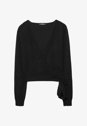 Schwarzer, langärmeliger Wickelpullover mit V-Ausschnitt und seitlicher Bindung, kurzer Länge sowie gerippten Bündchen und Saum.