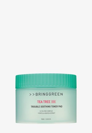 Contenant pour tampons tonique BRINGGREEN Tea Tree Cica avec couvercle vert, mettant en avant le complexe d'arbre à thé et l'extrait de centella asiatica, taille 150g.