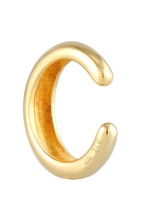 Anillo dorado con una forma suave y redondeada. Presenta un diseño abierto en los extremos, mostrando una superficie brillante y reflectante. La textura interior es mate.