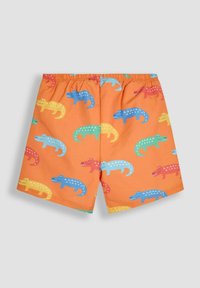 Orangene Badeshorts mit einem verspielten Krokodil-Muster in Blau, Gelb, Grün und Rot. Elastischer Bund für zusätzlichen Komfort.