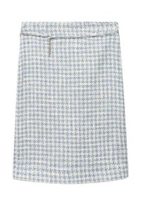 Sukně do délky kolen s světle modrým a bílým houndstooth vzorem, texturovaná látka a malý rozparek na horní přední straně.