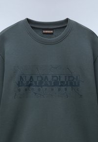 Felpa teal scuro con collo rotondo. Presenta una stampa grafica testurizzata in nero, che mostra la scritta "NAPAPIJRI geographic" sul davanti.