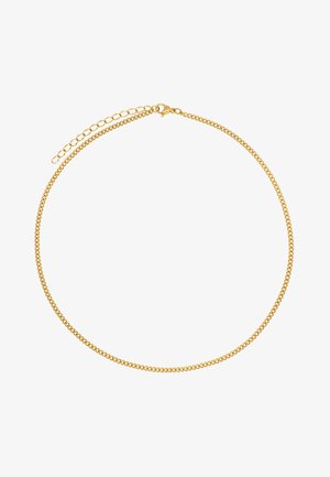 Collier en métal doré avec un design de chaîne fine, doté d'un fermoir à homard et d'une longueur ajustable grâce à une extension de chaîne.