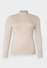 Bež pulover s turtleneck ovratnikom, izdelan iz mehke tkanine, z dolgimi rokavi in žepi z rebrastim robom. Gladka tekstura brez vzorcev ali okrasnih elementov.