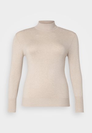 Beige Rollkragenpullover aus einem weichen Stoff, mit langen Ärmeln und gerippten Bündchen. Glatte Textur ohne Muster oder Verzierungen.