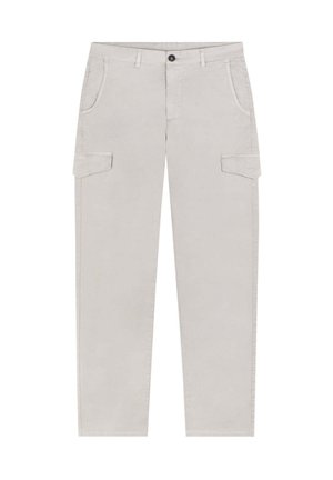 Hellgraue Cargo-Hose mit zwei Seitentaschen und Knopfverschluss. Verfügt über ein gerades Bein und eine glatte Stofftextur.