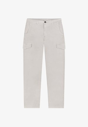 Hellgraue Cargo-Hose mit zwei Seitentaschen und Knopfverschluss. Verfügt über ein gerades Bein und eine glatte Stofftextur.
