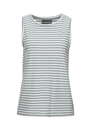 Sleeveless gray and white horizontal striped tank top with round neckline and brand label Elbsand inside the collar.