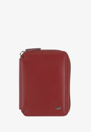 Portefeuille compact en cuir rouge avec fermeture éclair en haut et petit logo métallique en bas à droite.