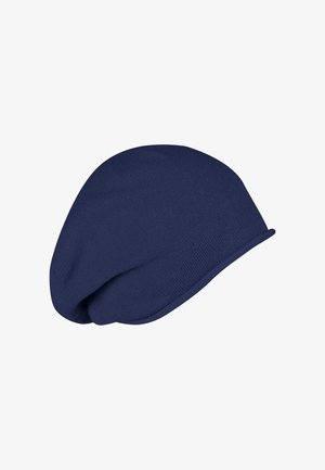 Cappello beanie navy realizzato in materiale lavorato a maglia, con un design morbido, visiera curva e sottili dettagli di cucitura.