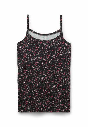 Schwarzes Blumentop mit dünnen Trägern, das ein Muster aus kleinen roten und weißen Blumen auf einem dunklen Hintergrund zeigt. Weicher, leichtgewichtiger Stoff.