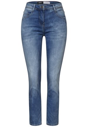 Blue denim jeans with a slim fit. Features a classic five-pocket design, zip fly, and a faded wash for a worn look.