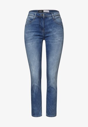 Blaue Denim-Jeans mit schmalem Schnitt. Verfügt über ein klassisches Fünf-Taschen-Design, Reißverschluss und eine ausgewaschene Optik für einen abgetragenen Look.