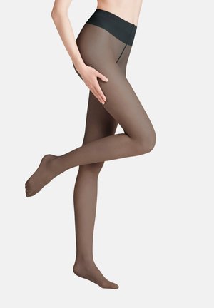 Przezroczyste brązowe rajstopy z czarnym pasem, dopasowany krój, gładka tekstura i naturalny wygląd nóg.