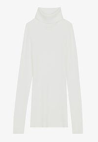 Weißer Rollkragenpullover mit langen Ärmeln, gerippter Textur und hochgestellt gefaltetem Kragen, entworfen für eine taillierte Silhouette.